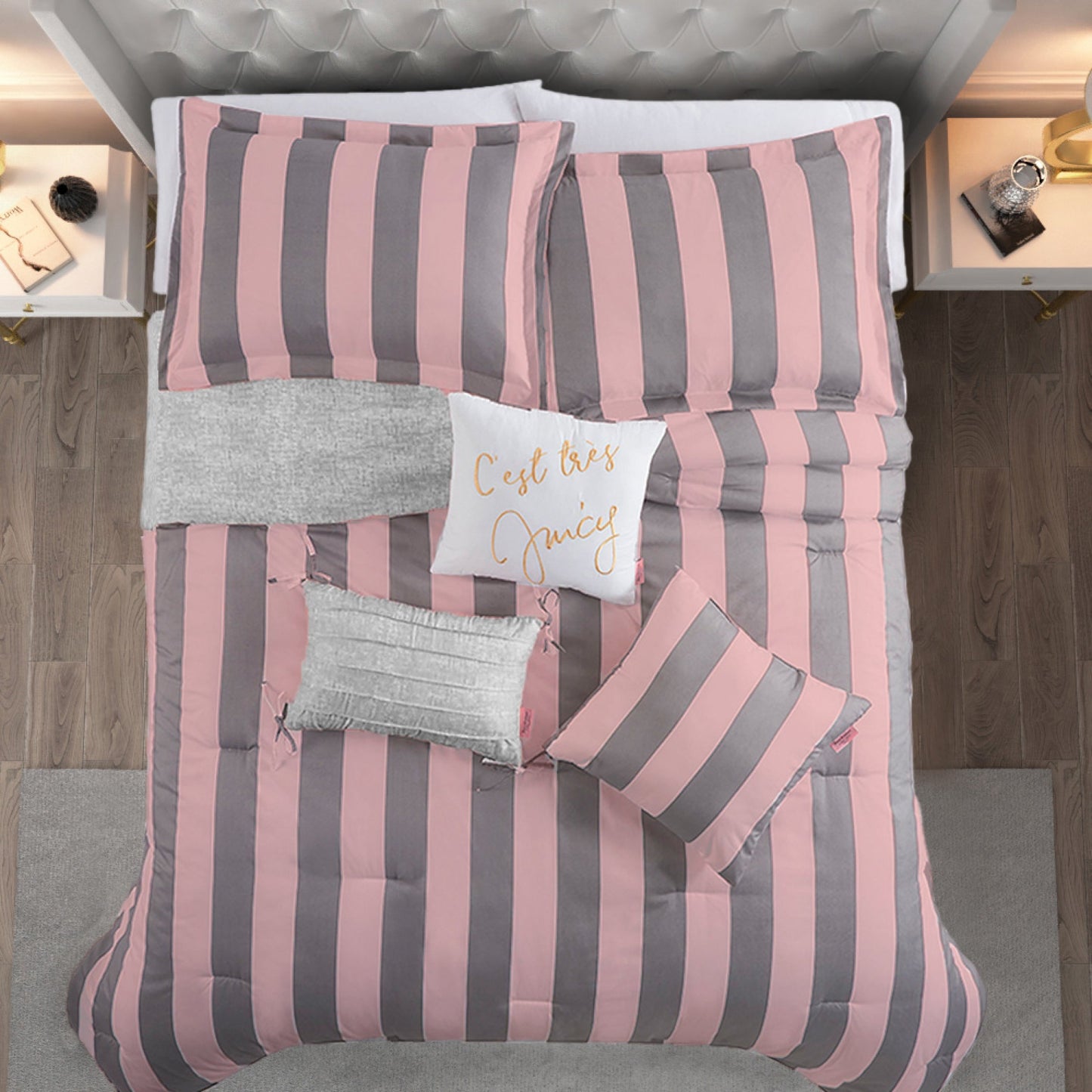 Cabana Striped Reversible Comforter Set - Grey/Pink - Juicy Couture