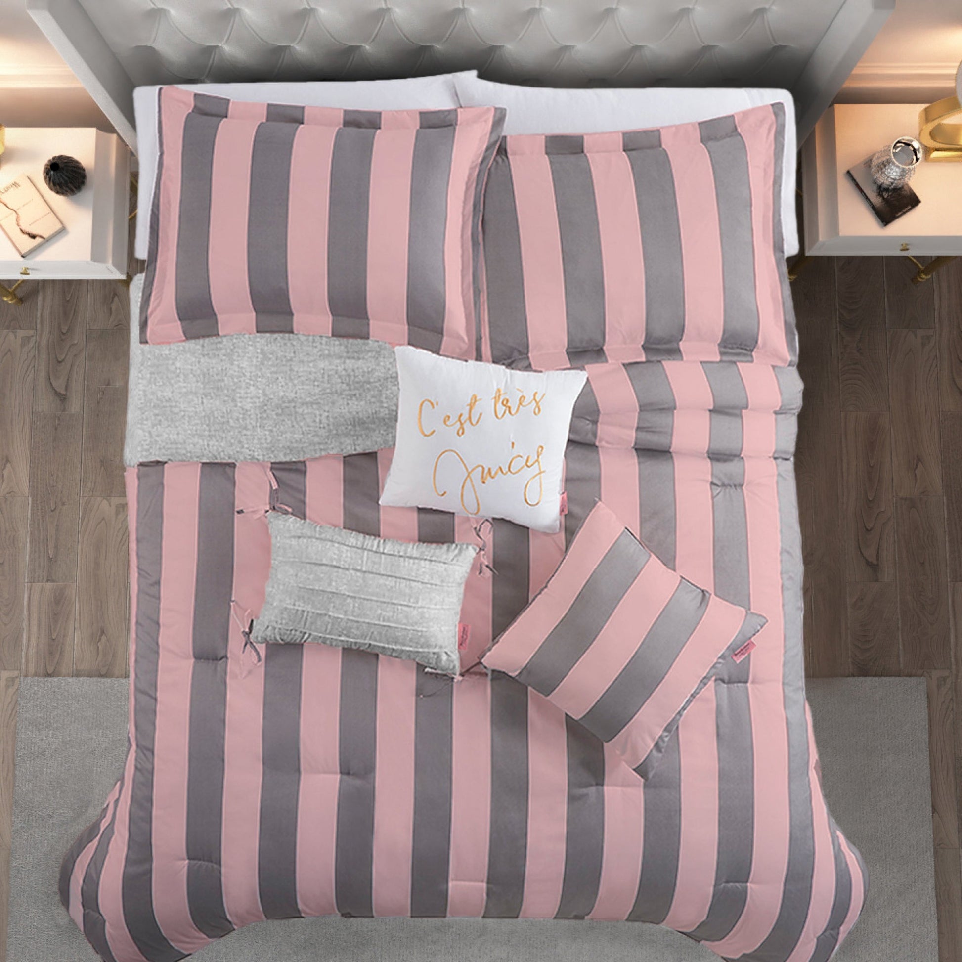 Cabana Striped Reversible Comforter Set - Grey/Pink - Juicy Couture