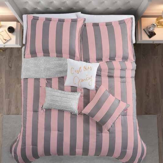 Cabana Striped Reversible Comforter Set - Grey/Pink - Juicy Couture