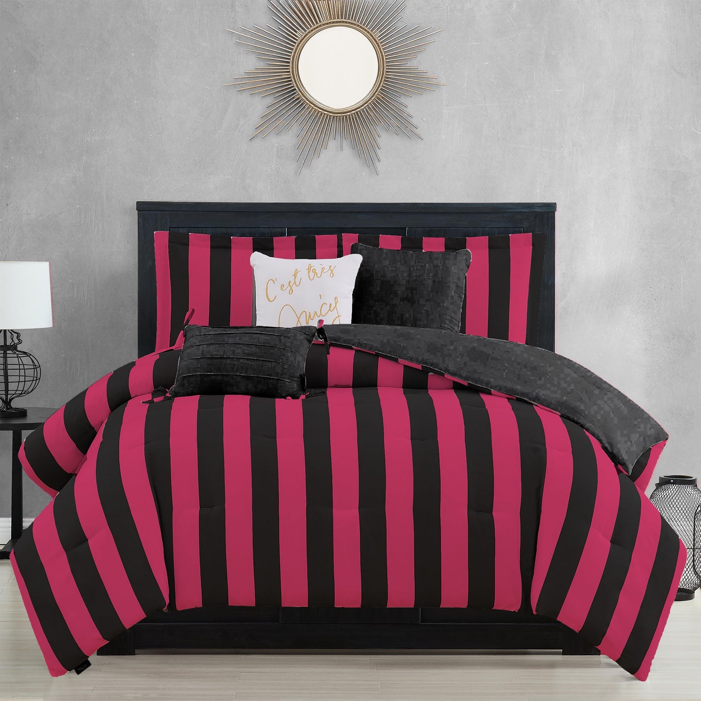 Cabana Striped Reversible Comforter Set - Black/Hot Pink - Juicy Couture