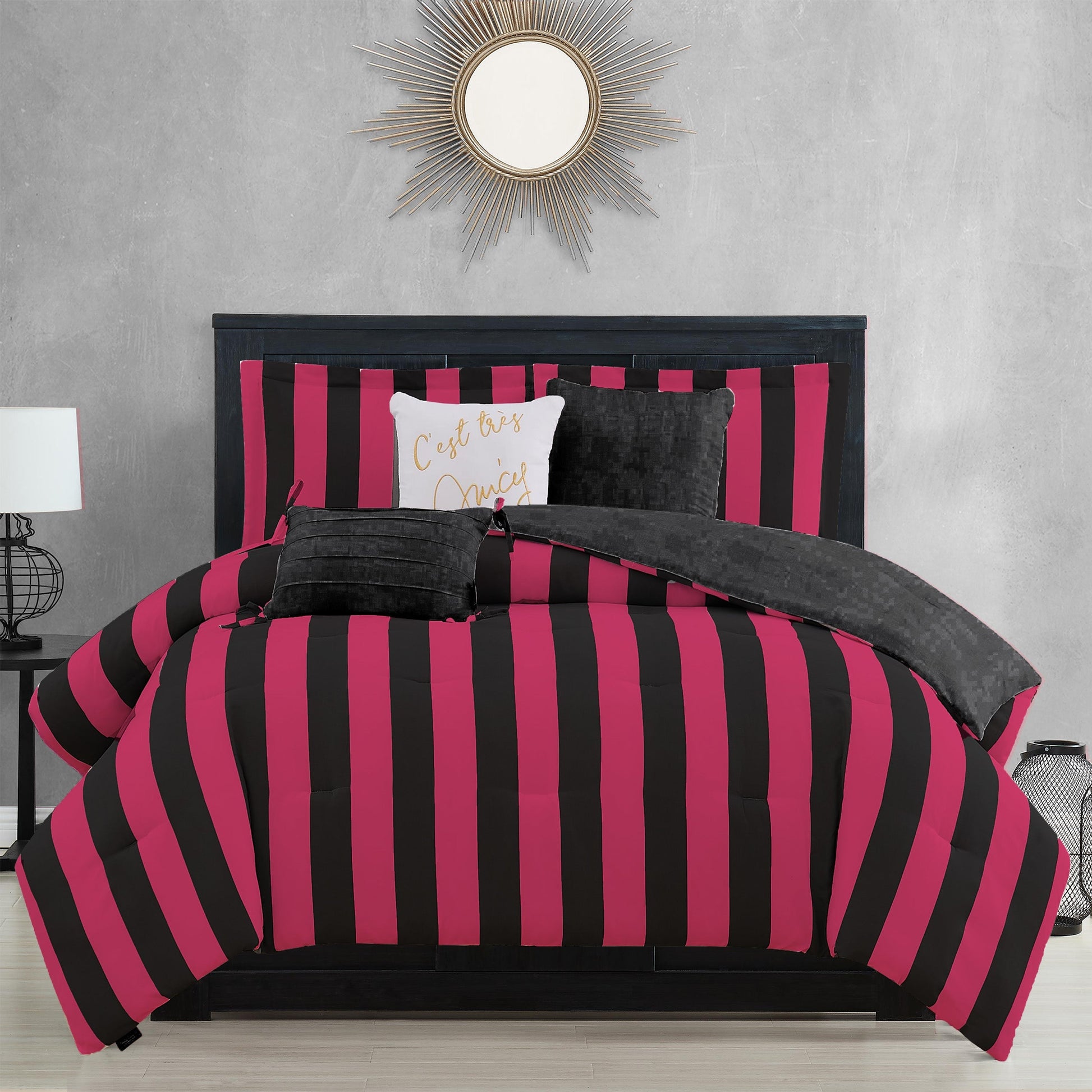 Cabana Striped Reversible Comforter Set - Black/Hot Pink - Juicy Couture