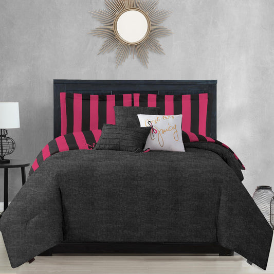 Cabana Striped Reversible Comforter Set - Black/Hot Pink - Juicy Couture