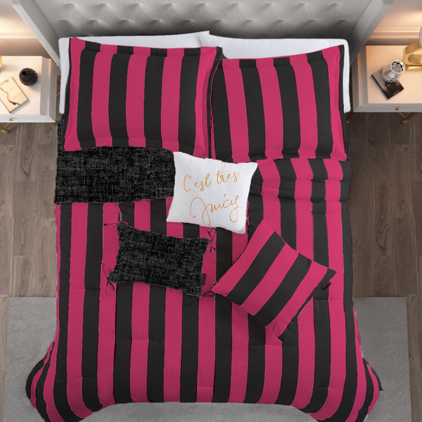 Cabana Striped Reversible Comforter Set - Black/Hot Pink - Juicy Couture