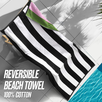 Reversible Cabana Cotton Beach Towel - Black/White To Pink/Green - Juicy Couture