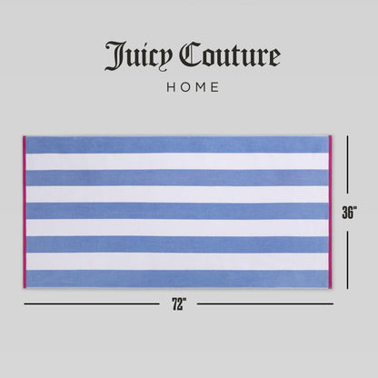 Reversible Cabana Cotton Beach Towel - Blue/White To Hot Pink/White - Juicy Couture