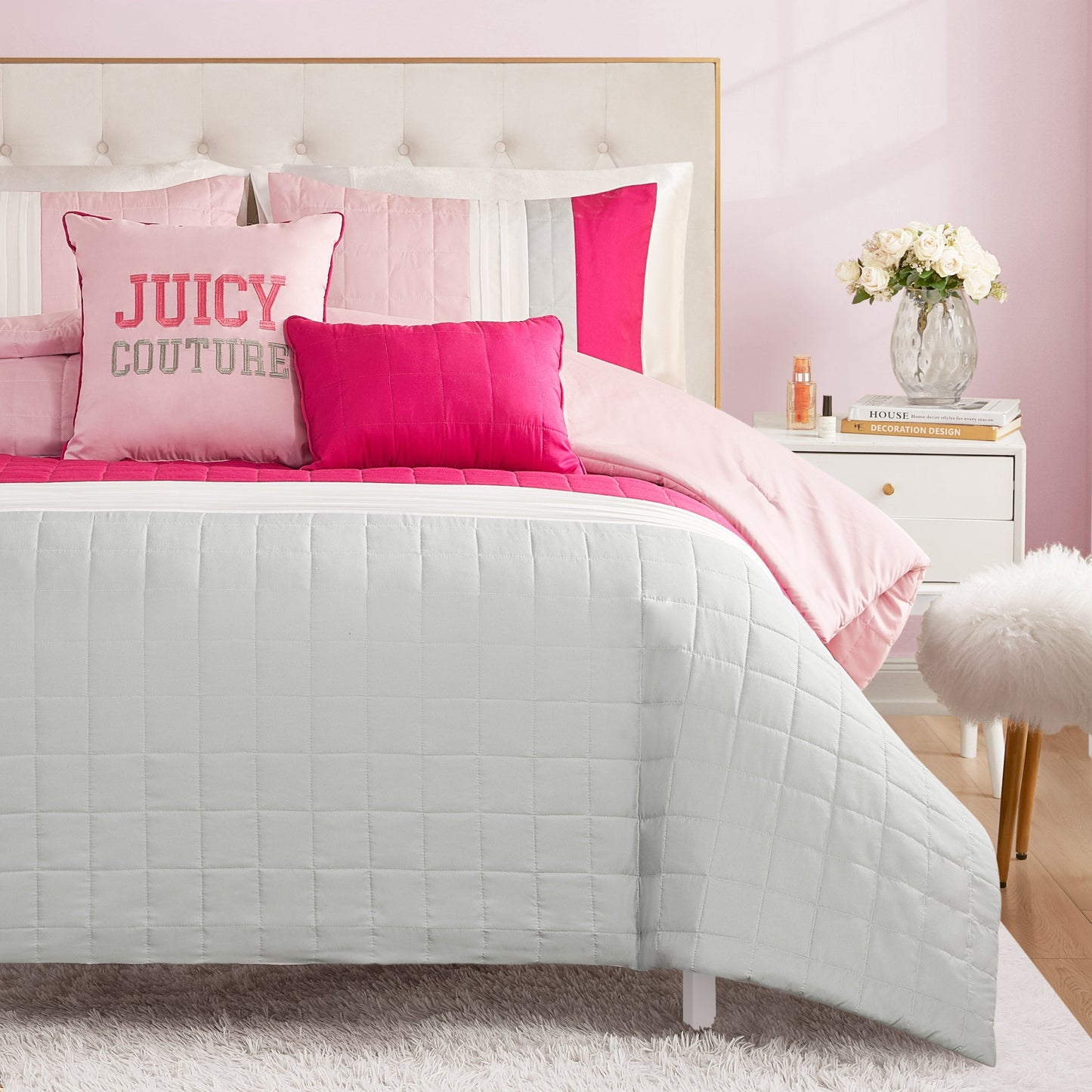 Color Blocked Pieced Comforter Set - Pink/White/Grey - Juicy Couture