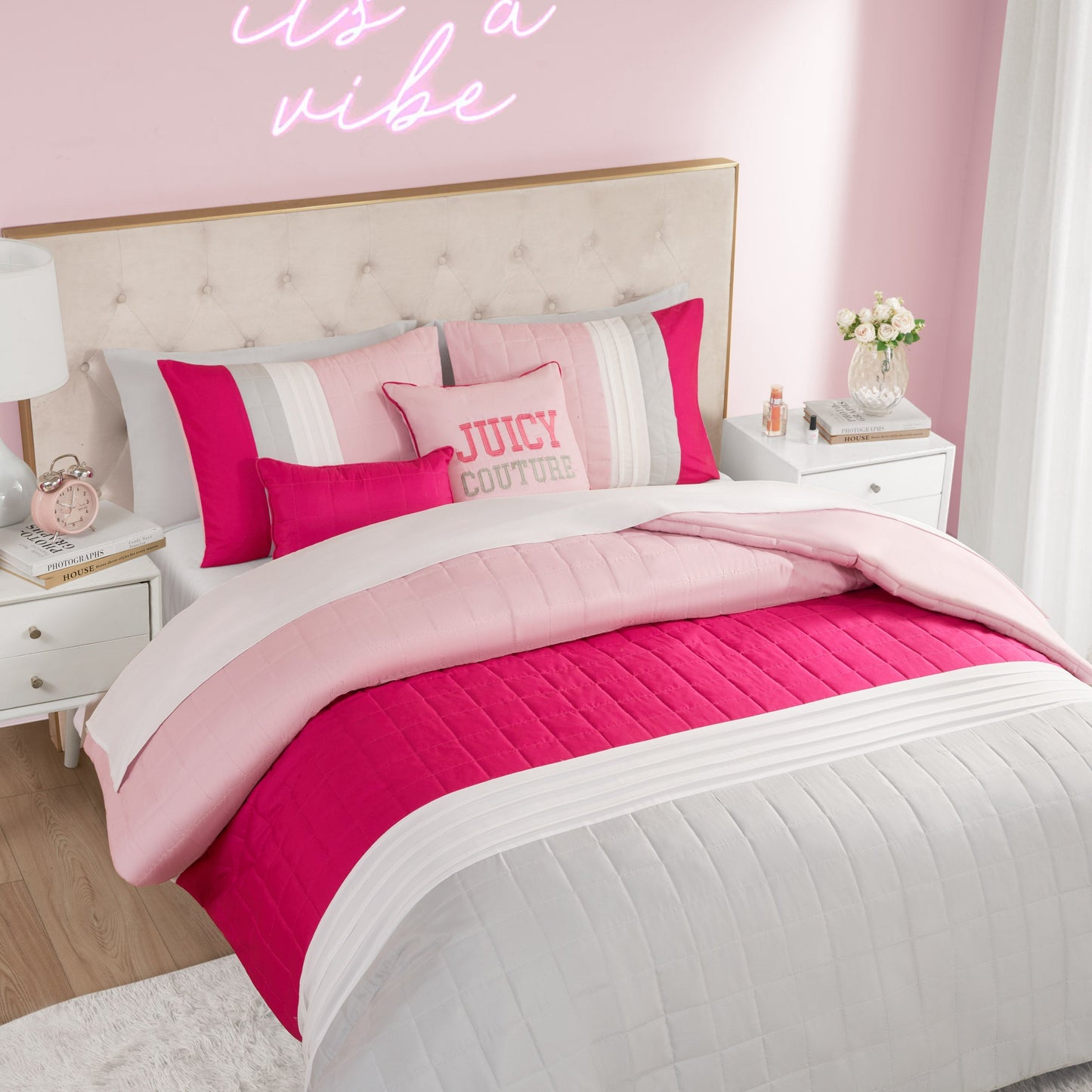 Color Blocked Pieced Comforter Set - Pink/White/Grey - Juicy Couture