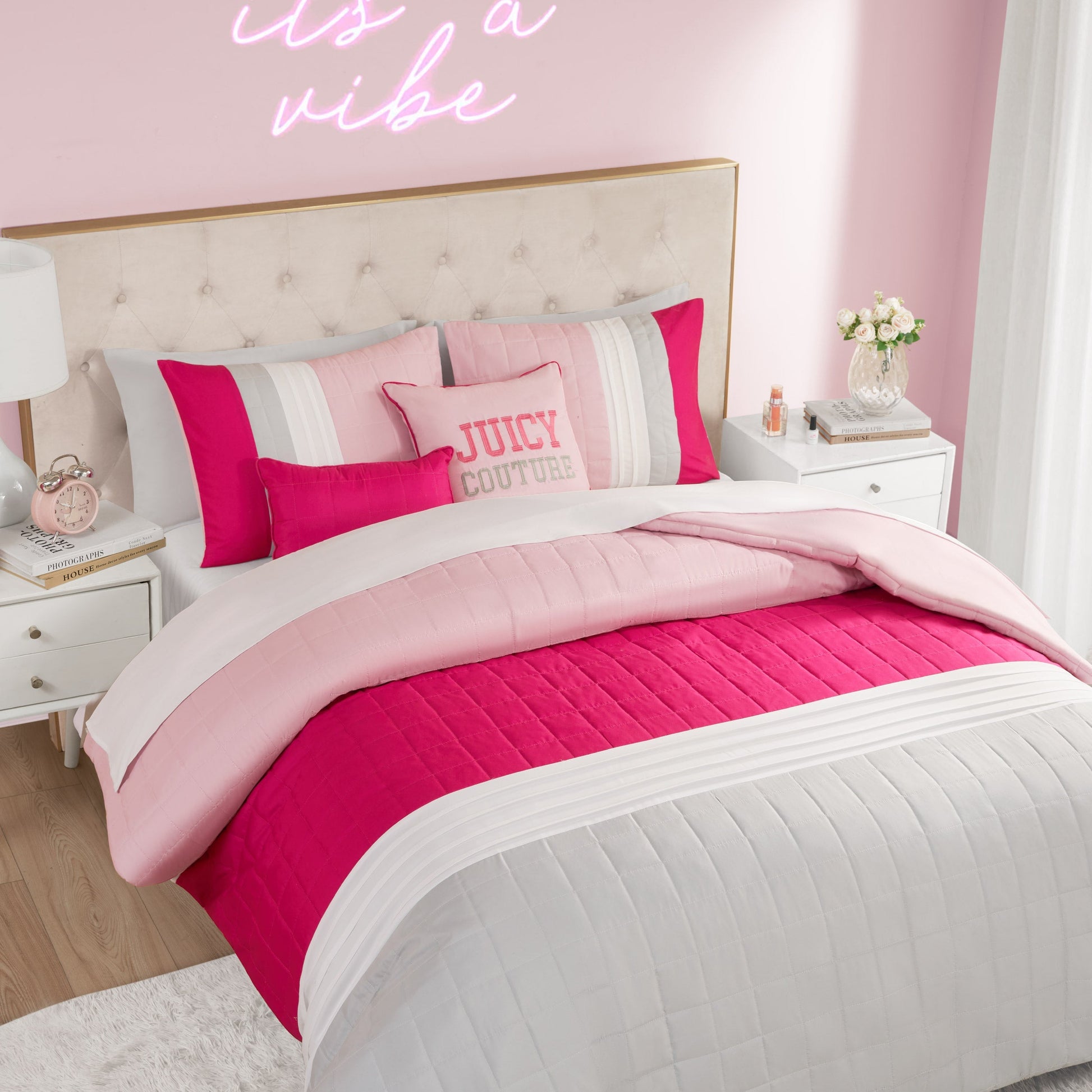 Color Blocked Pieced Comforter Set - Pink/White/Grey - Juicy Couture