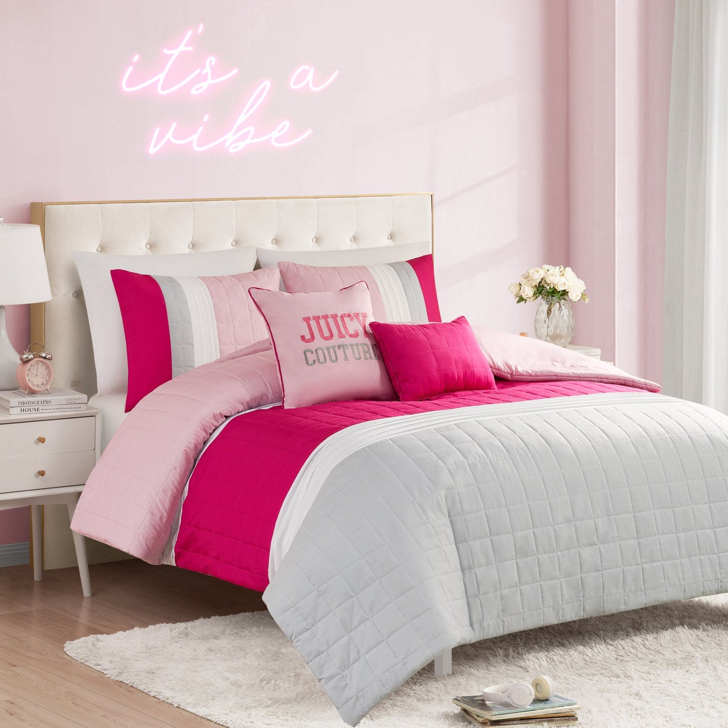 Color Blocked Pieced Comforter Set - Pink/White/Grey - Juicy Couture