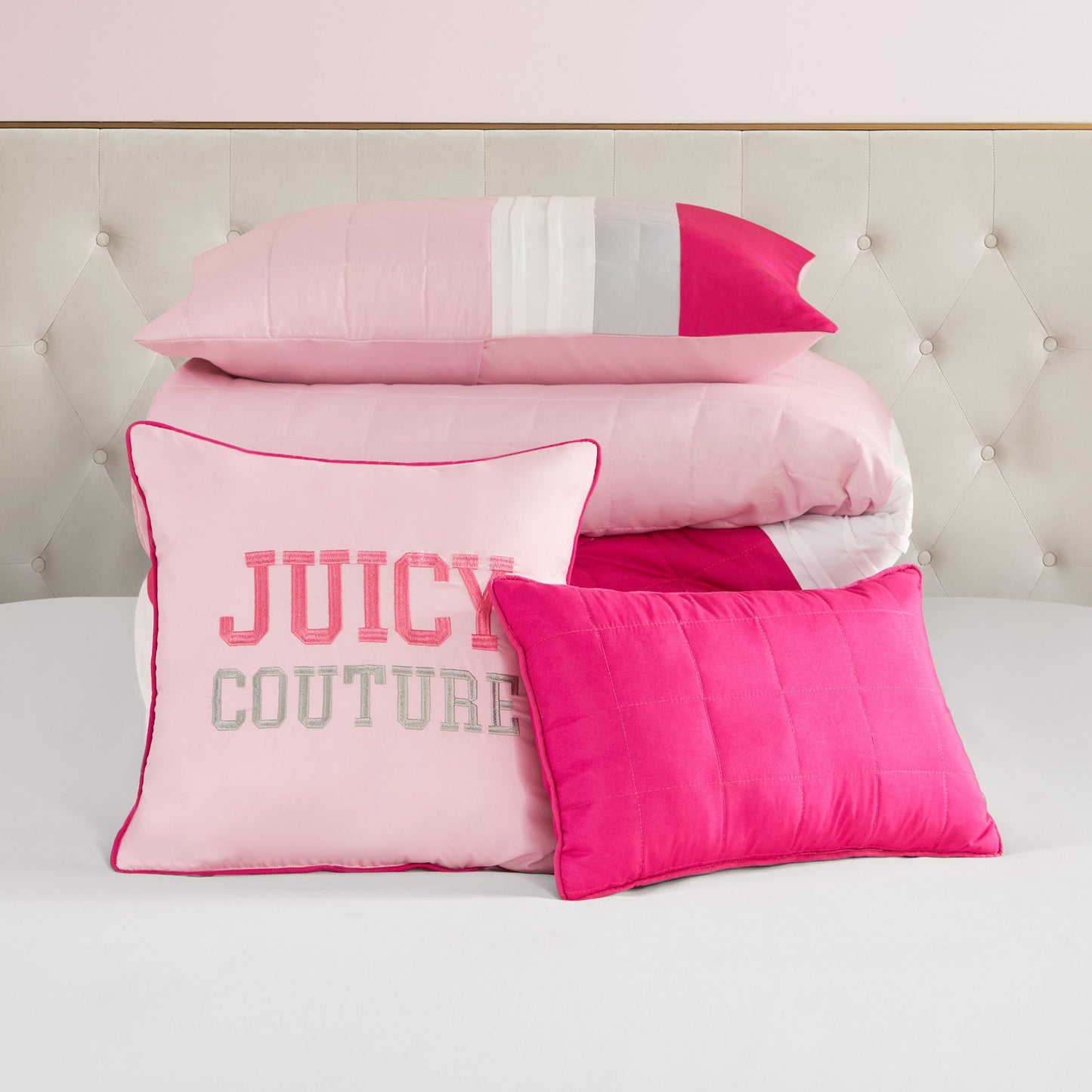 Color Blocked Pieced Comforter Set - Pink/White/Grey - Juicy Couture