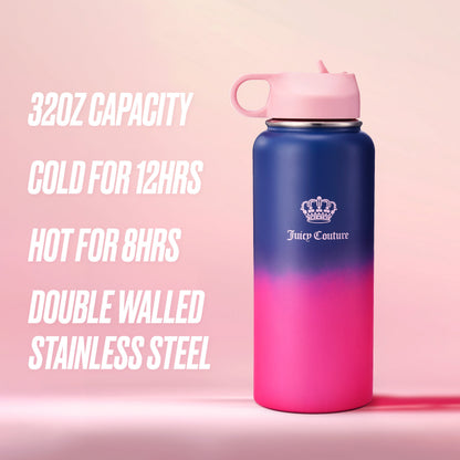 Go Girl Stainless Steel Water Bottle with Pop-up Straw - Navy/Pink - Juicy Couture