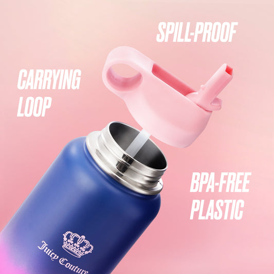 Go Girl Stainless Steel Water Bottle with Pop-up Straw - Navy/Pink - Juicy Couture