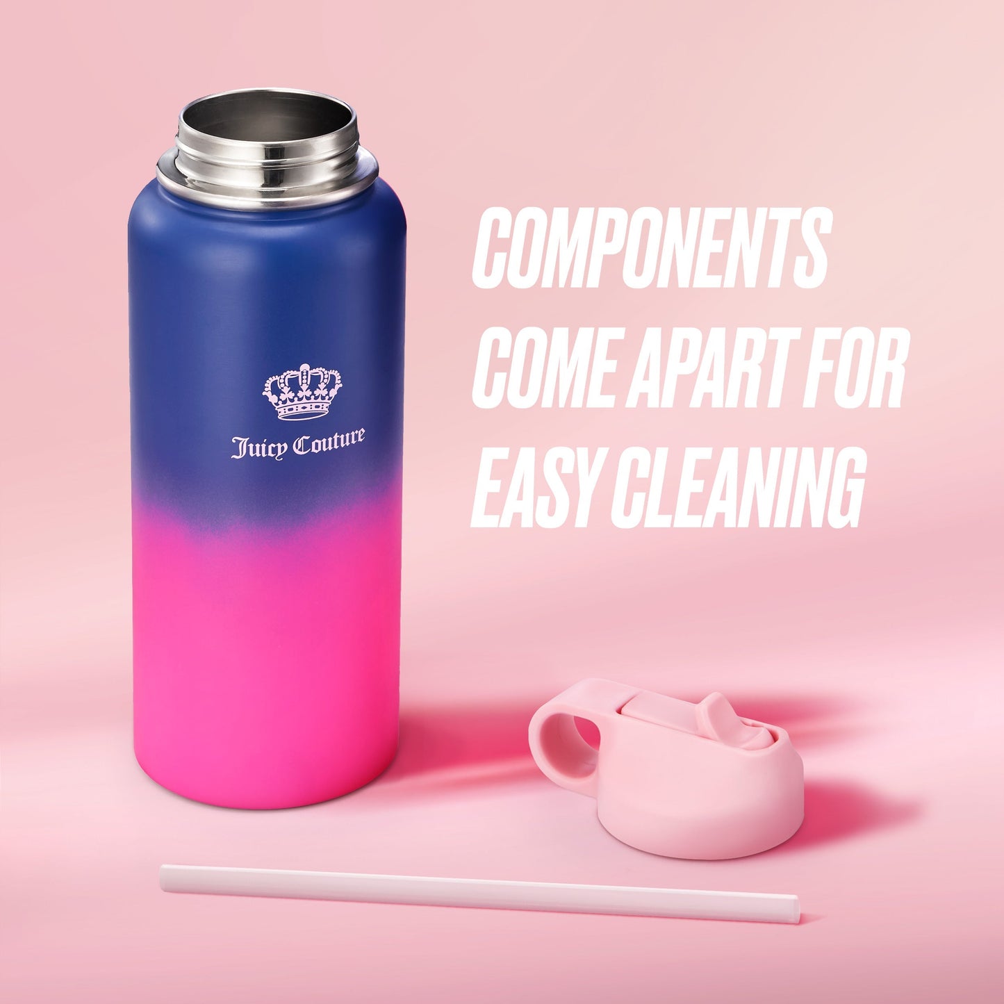 Go Girl Stainless Steel Water Bottle with Pop-up Straw - Navy/Pink - Juicy Couture