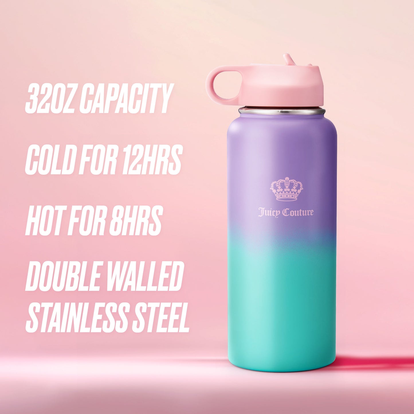 Go Girl Stainless Steel Water Bottle with Pop-up Straw - Purple/Teal - Juicy Couture