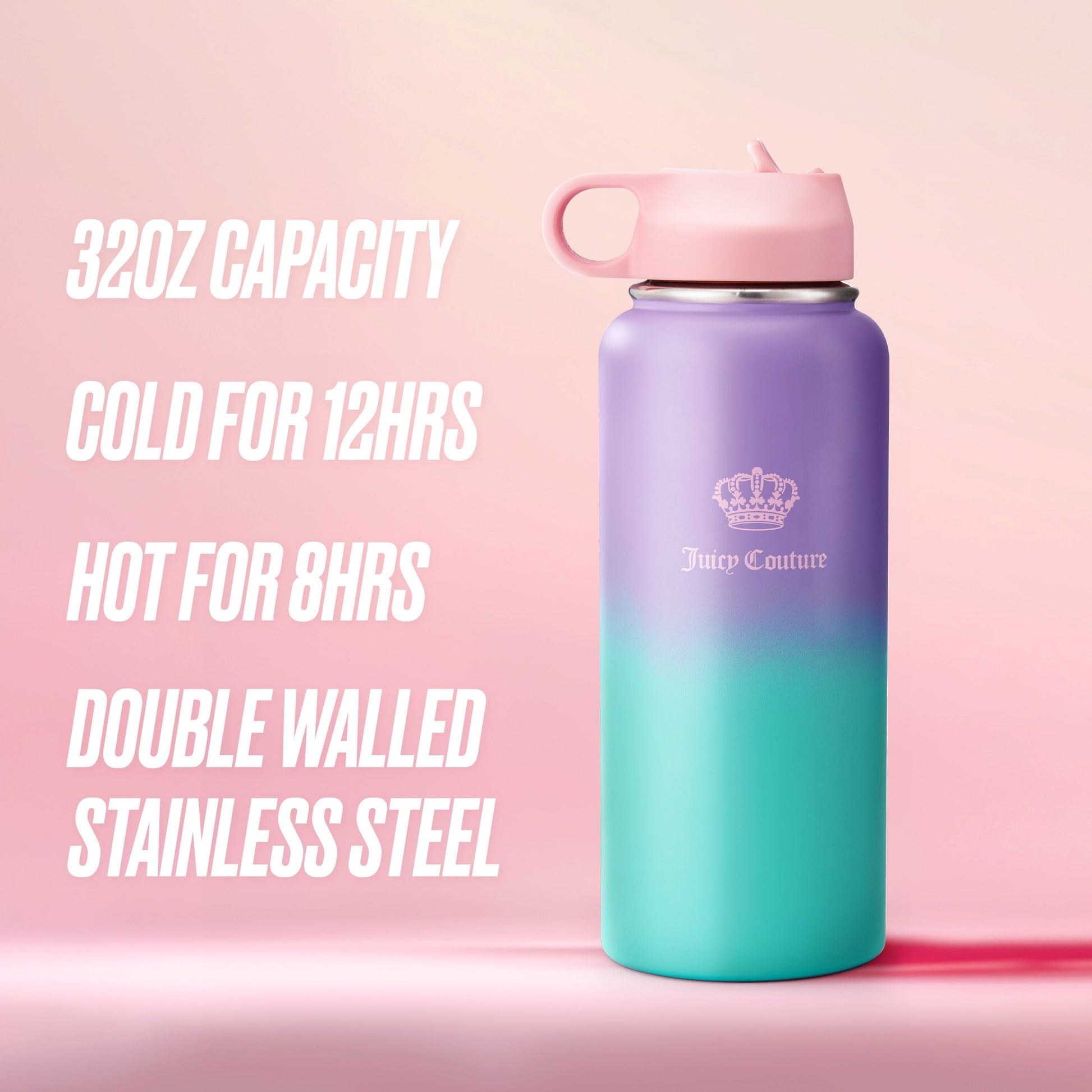 Go Girl Stainless Steel Water Bottle with Pop-up Straw - Purple/Teal - Juicy Couture