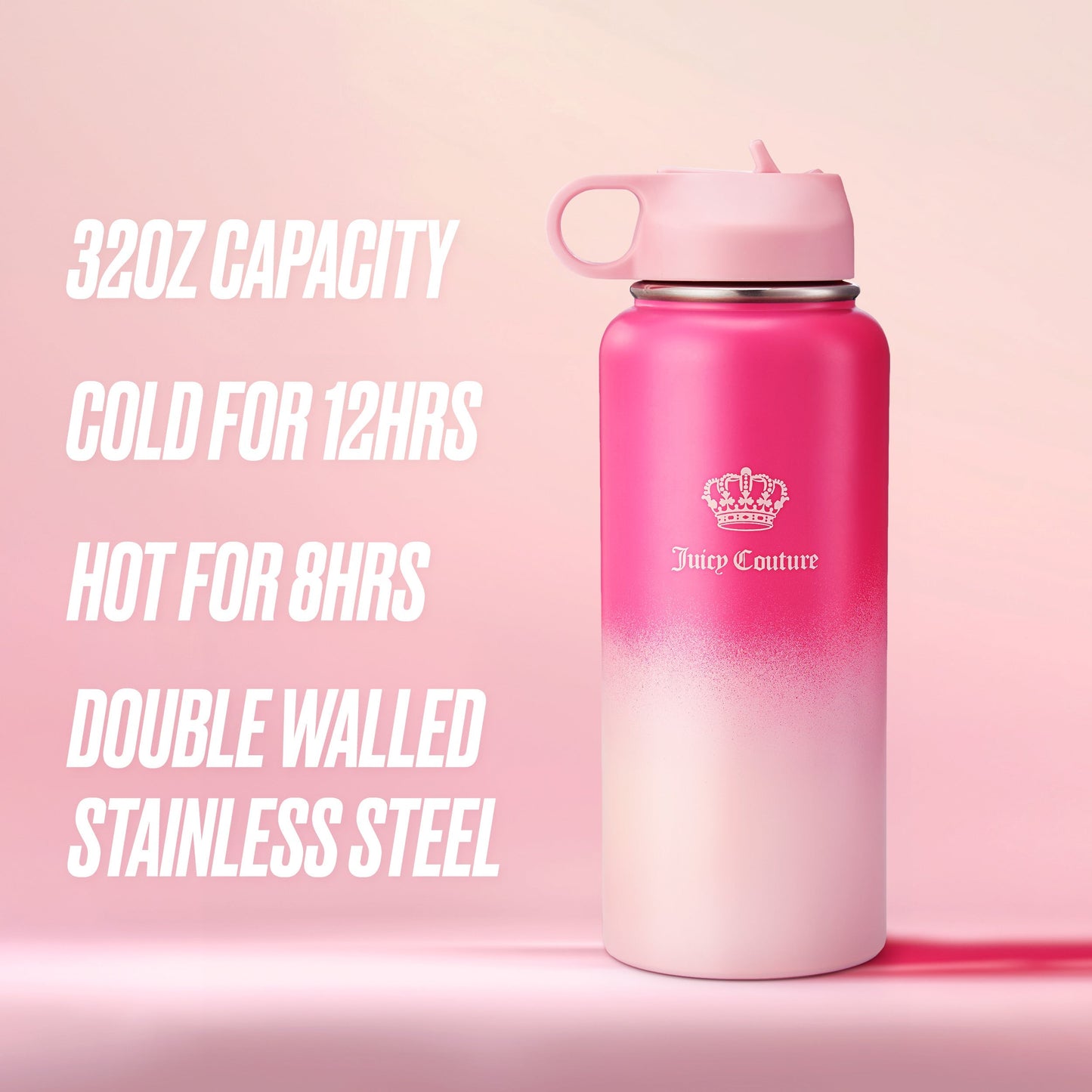 Go Girl Stainless Steel Water Bottle with Pop-up Straw - Hot Pink/Pink - Juicy Couture