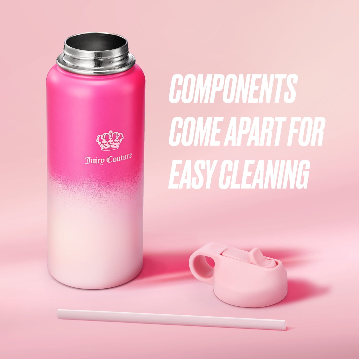 Go Girl Stainless Steel Water Bottle with Pop-up Straw - Hot Pink/Pink - Juicy Couture