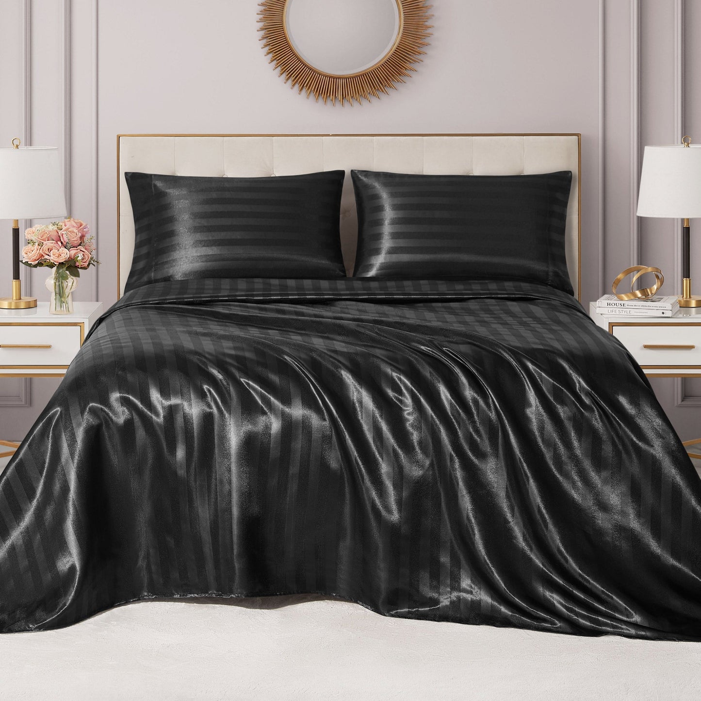 Damask Stripe Satin Sheet Set - Black - Juicy Couture