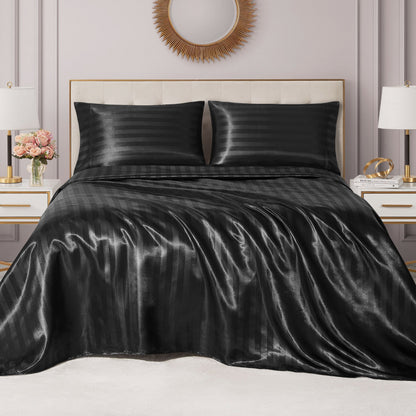Damask Stripe Satin Sheet Set - Black - Juicy Couture