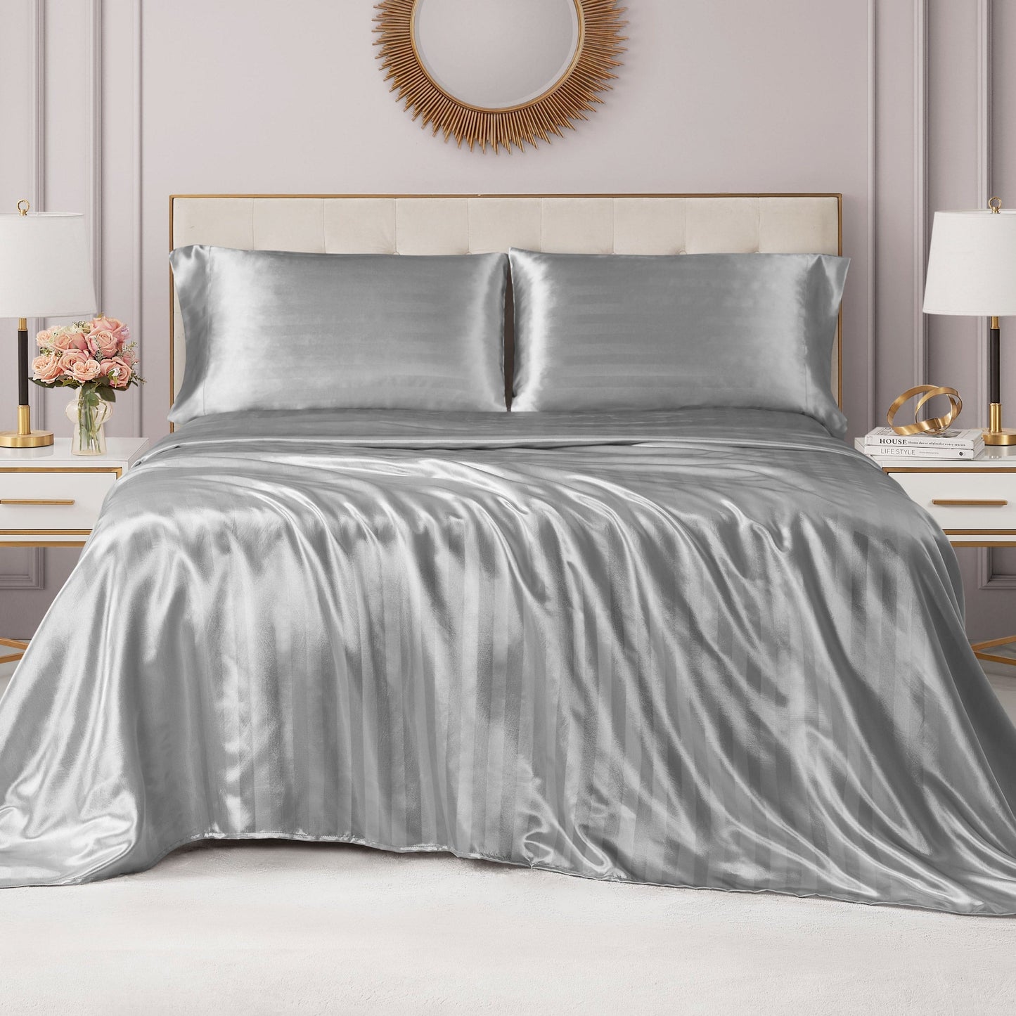 Damask Stripe Satin Sheet Set - Gray - Juicy Couture