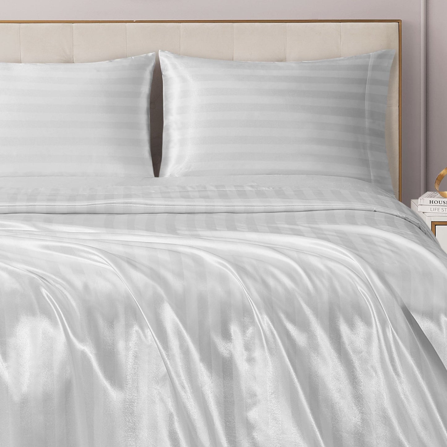 Damask Stripe Satin Sheet Set - Brilliant White - Juicy Couture