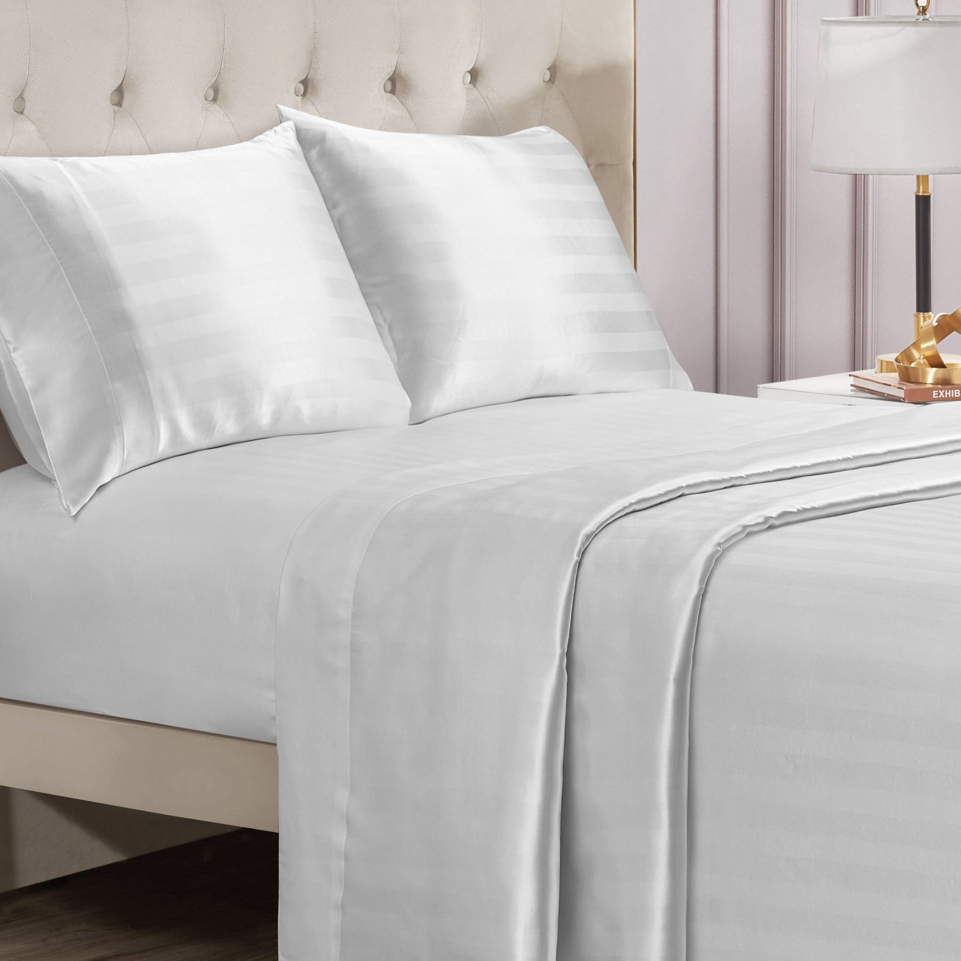 Damask Stripe Satin Sheet Set - Brilliant White - Juicy Couture