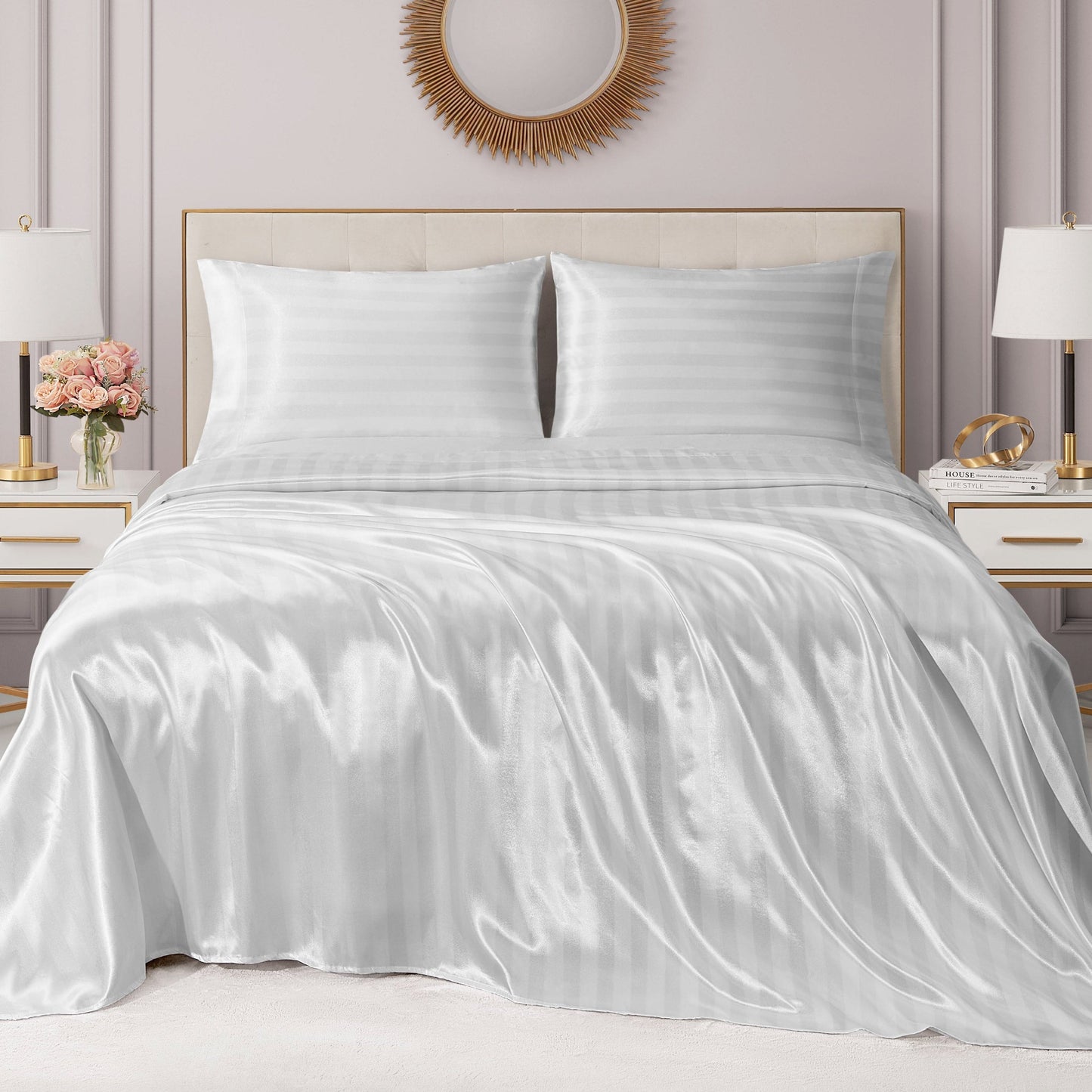 Damask Stripe Satin Sheet Set - Brilliant White - Juicy Couture