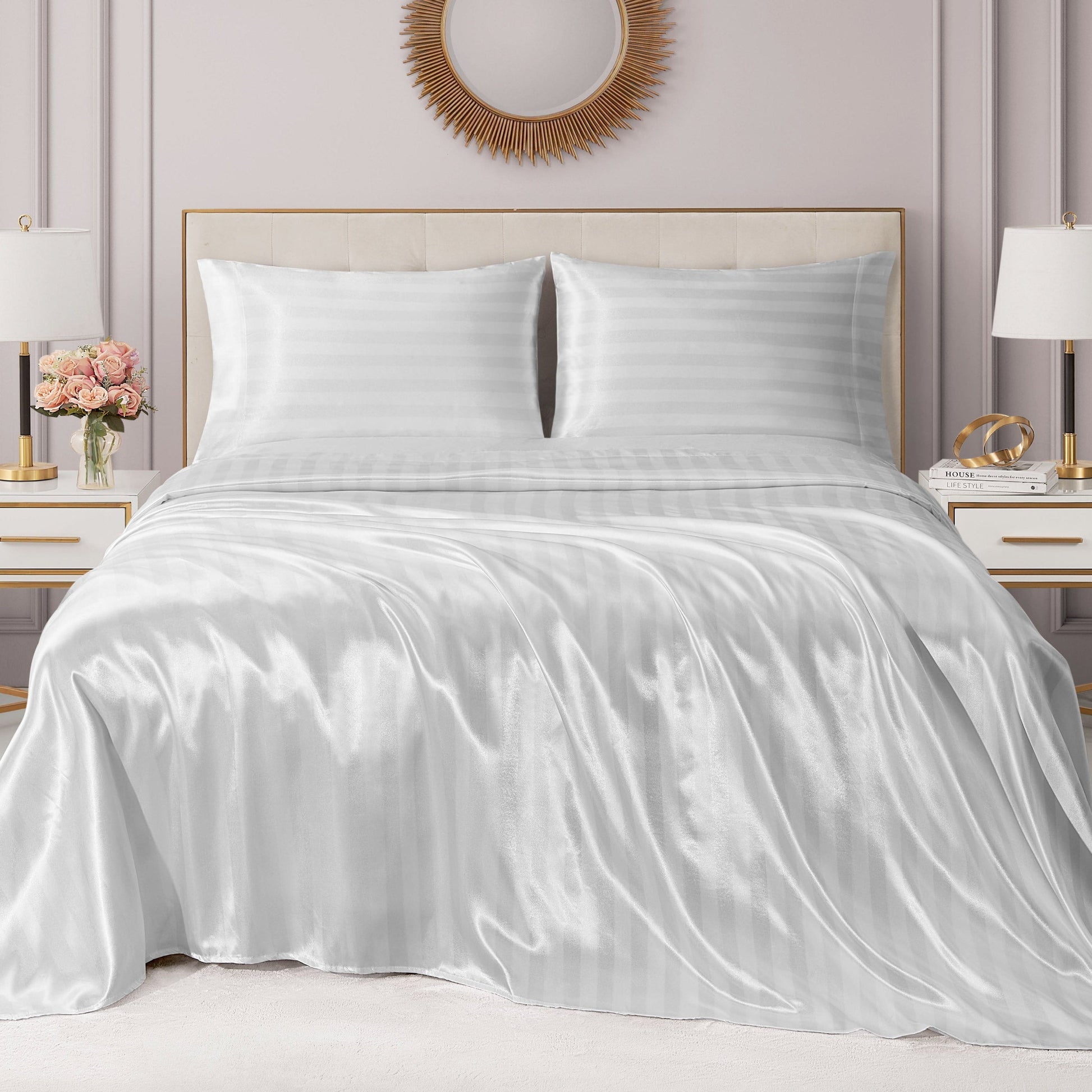 Damask Stripe Satin Sheet Set - Brilliant White - Juicy Couture