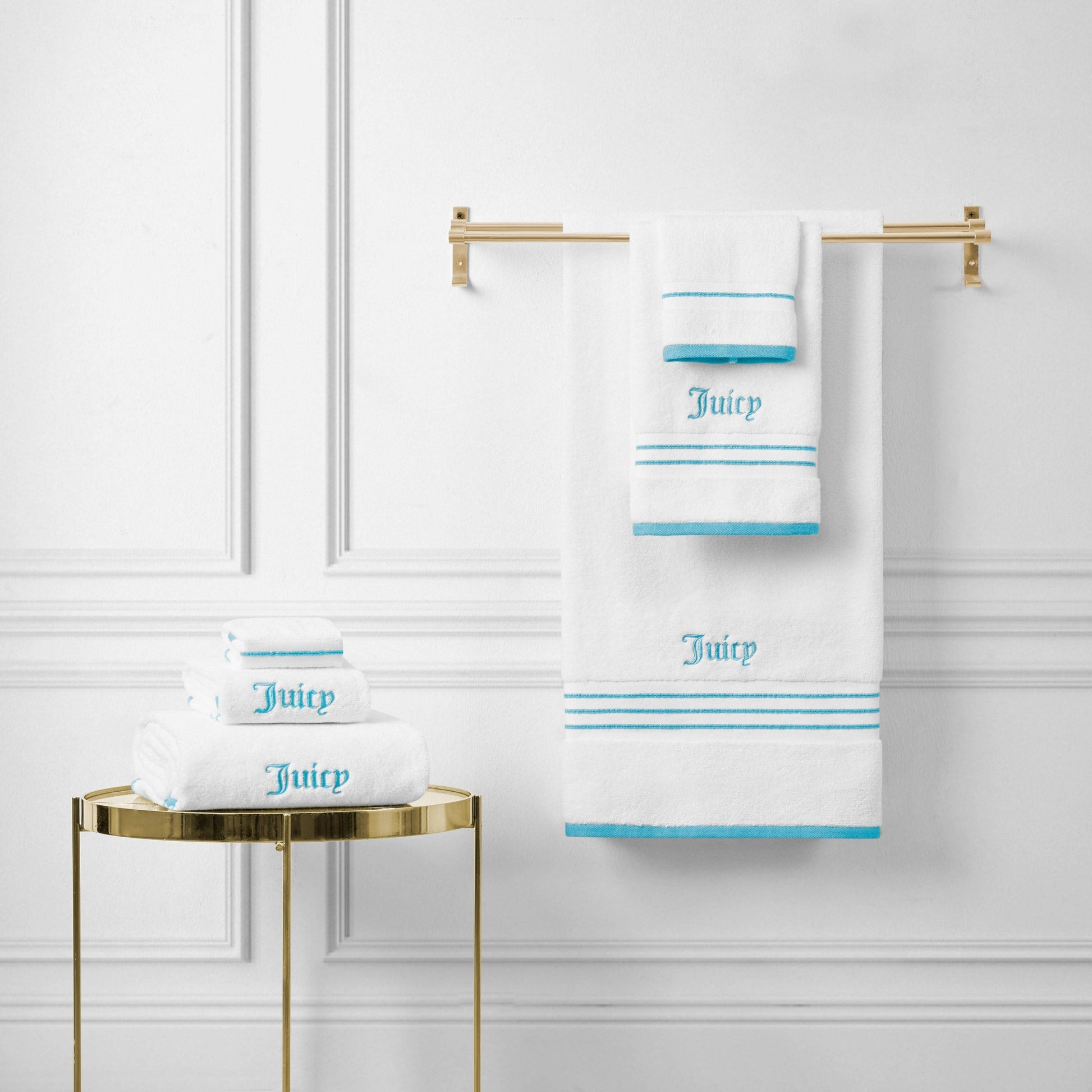 Neon Border Bath Towel Set - White/Aqua - Juicy Couture