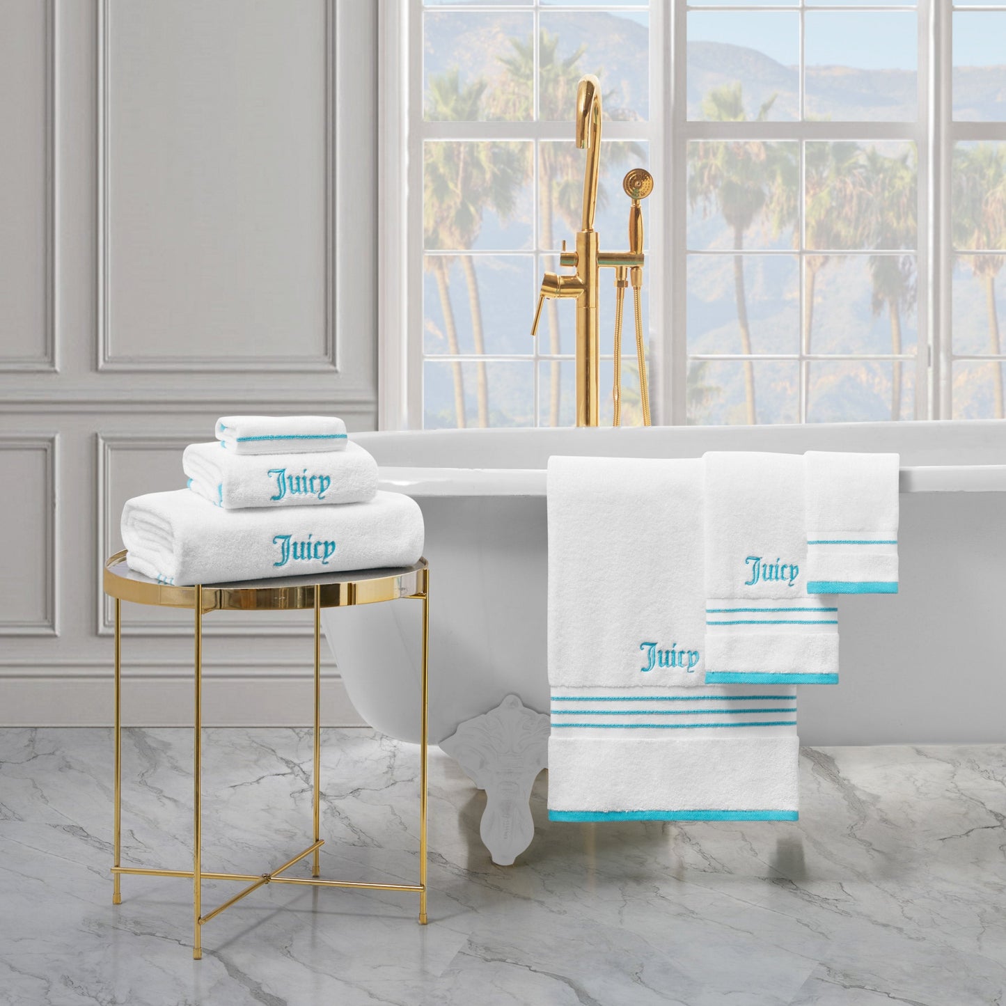 Neon Border Bath Towel Set - White/Aqua - Juicy Couture