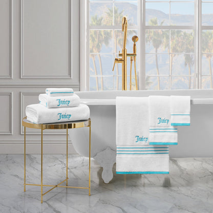 Neon Border Bath Towel Set - White/Aqua - Juicy Couture