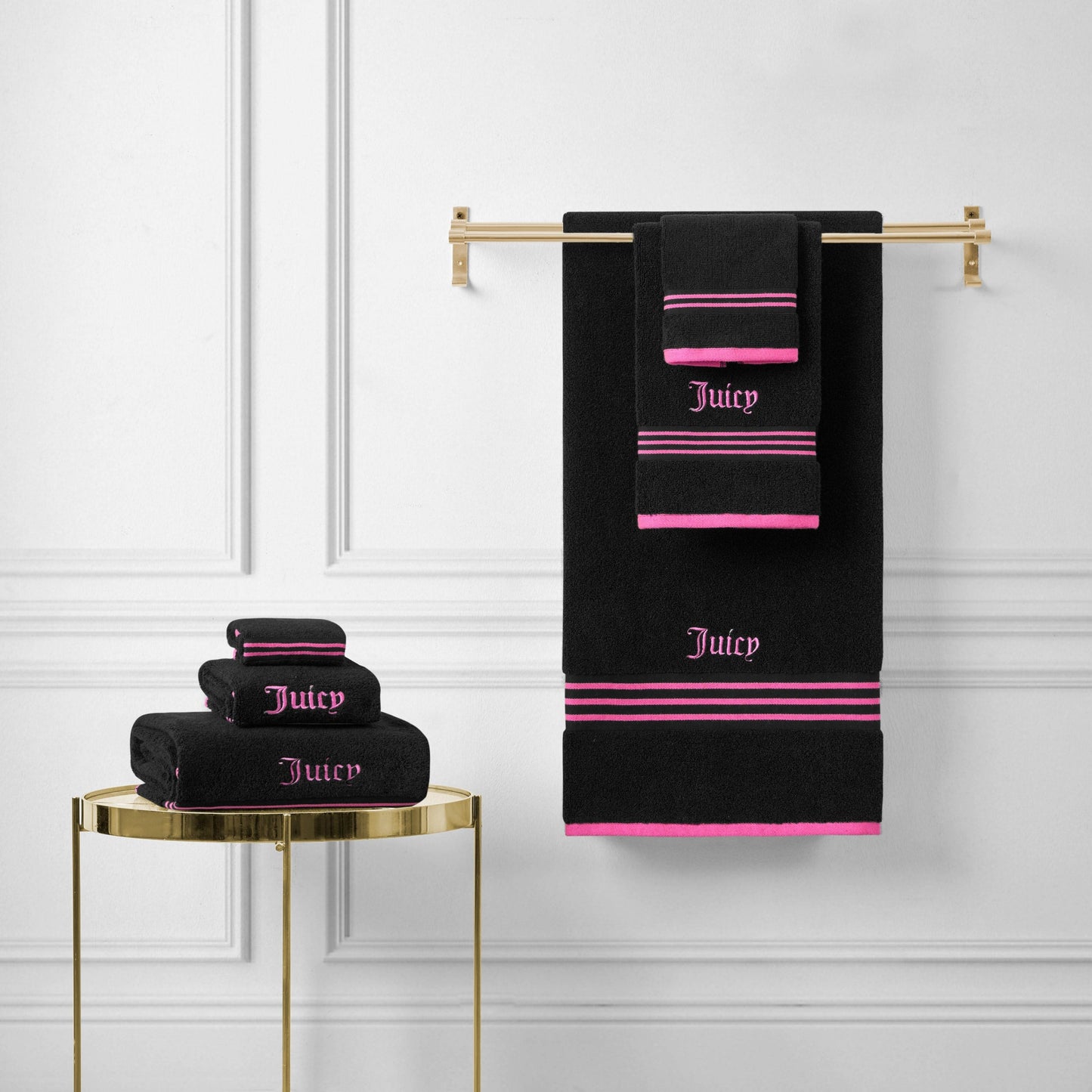 Neon Border Bath Towel Set - Black/Hot Pink - Juicy Couture