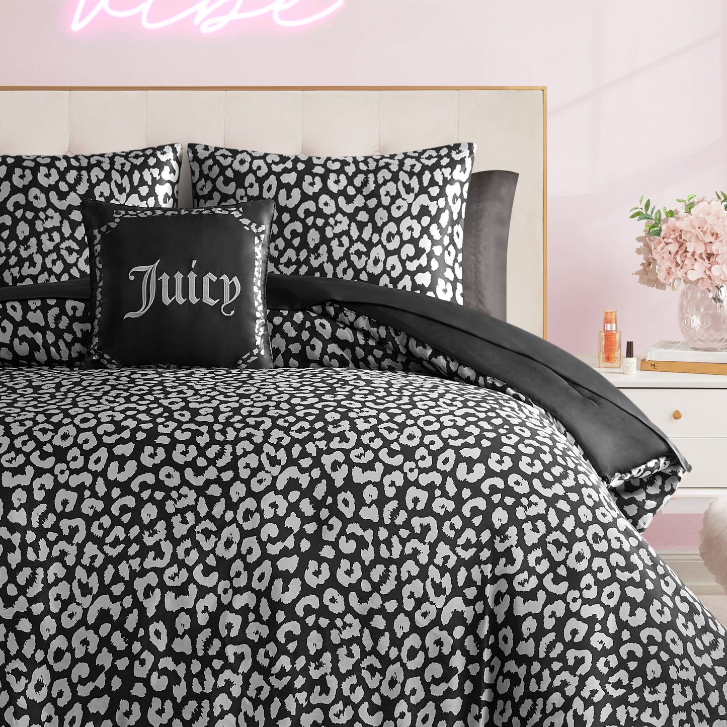 Modern Leopard Satin Bed in a Bag Bedding Set - Black Leopard - Juicy Couture