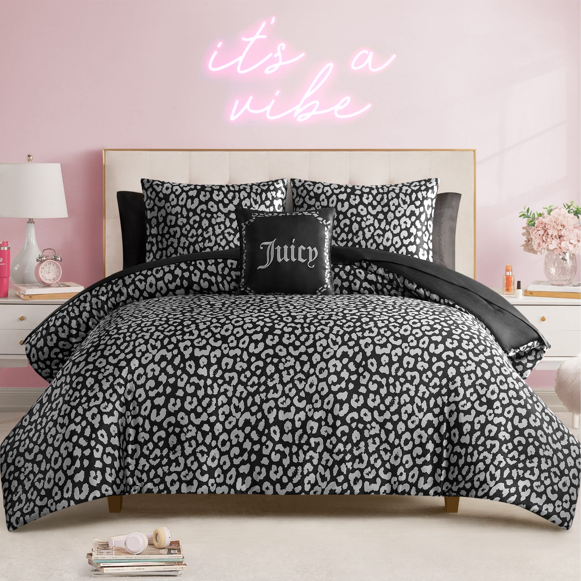 Modern Leopard Satin Bed in a Bag Bedding Set - Black Leopard - Juicy Couture