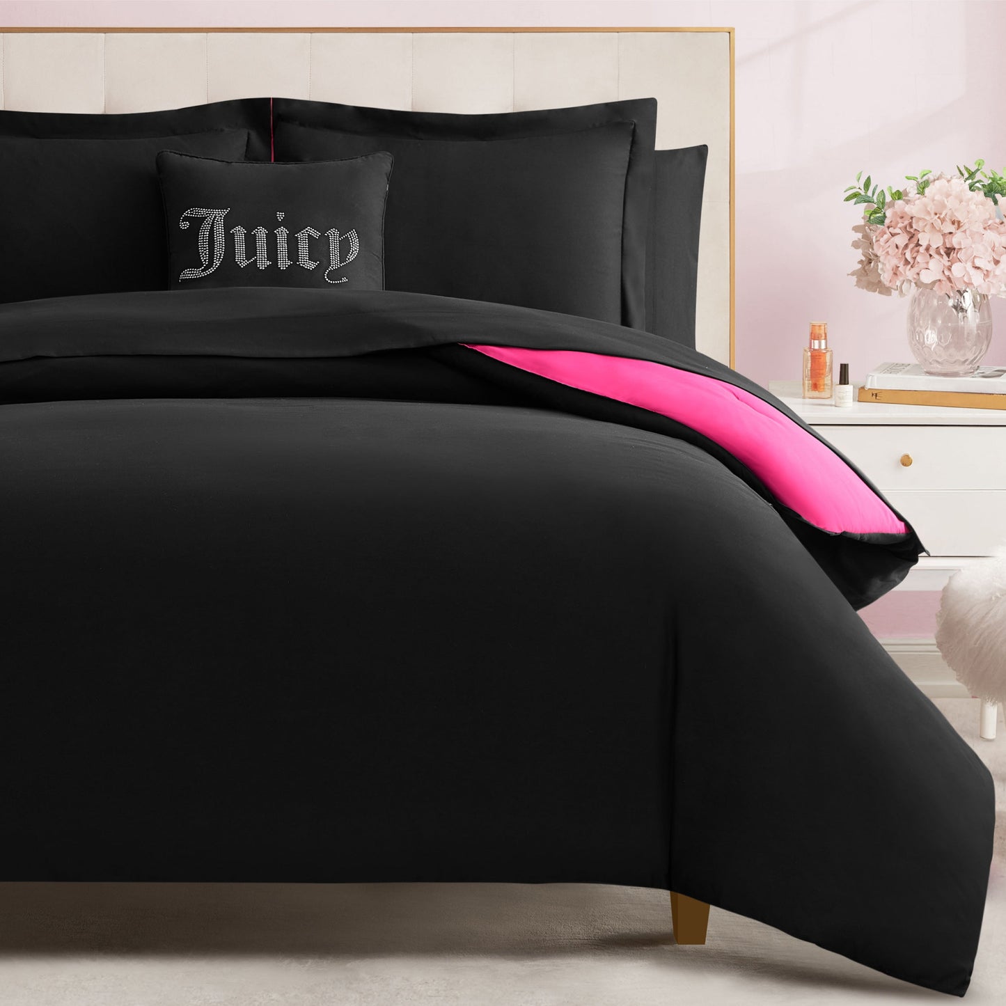 Alexis Solid Bed in a Bag Bedding Set - Black/Hot Pink - Juicy Couture