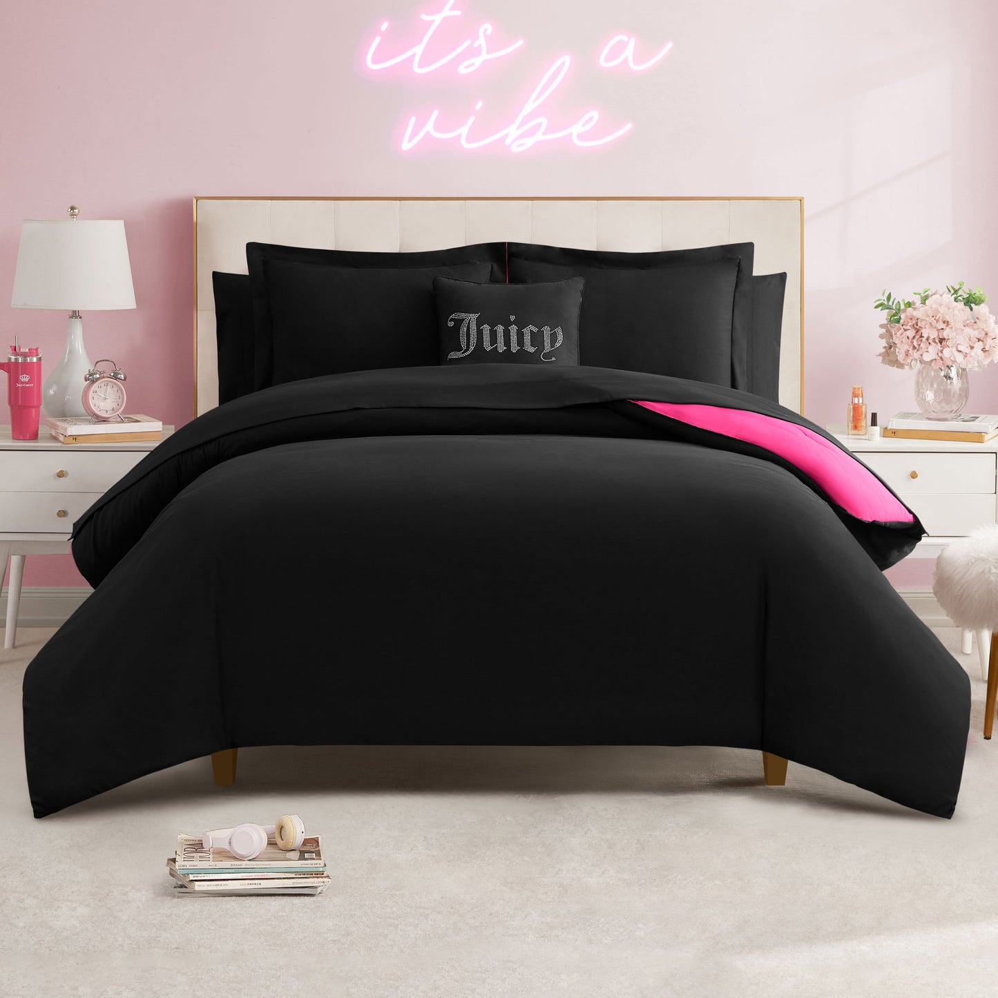 Alexis Solid Bed in a Bag Bedding Set - Black/Hot Pink - Juicy Couture