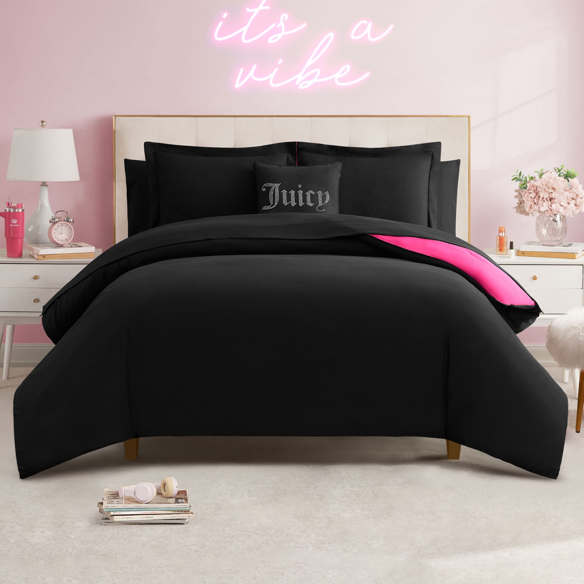 Alexis Solid Bed in a Bag Bedding Set - Black/Hot Pink - Juicy Couture
