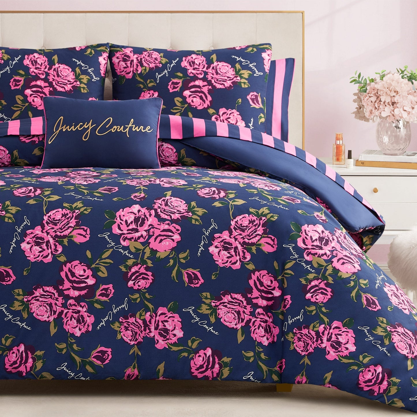 Rose Logo Bed in a Bag Bedding Set - Navy/Pink Roses - Juicy Couture