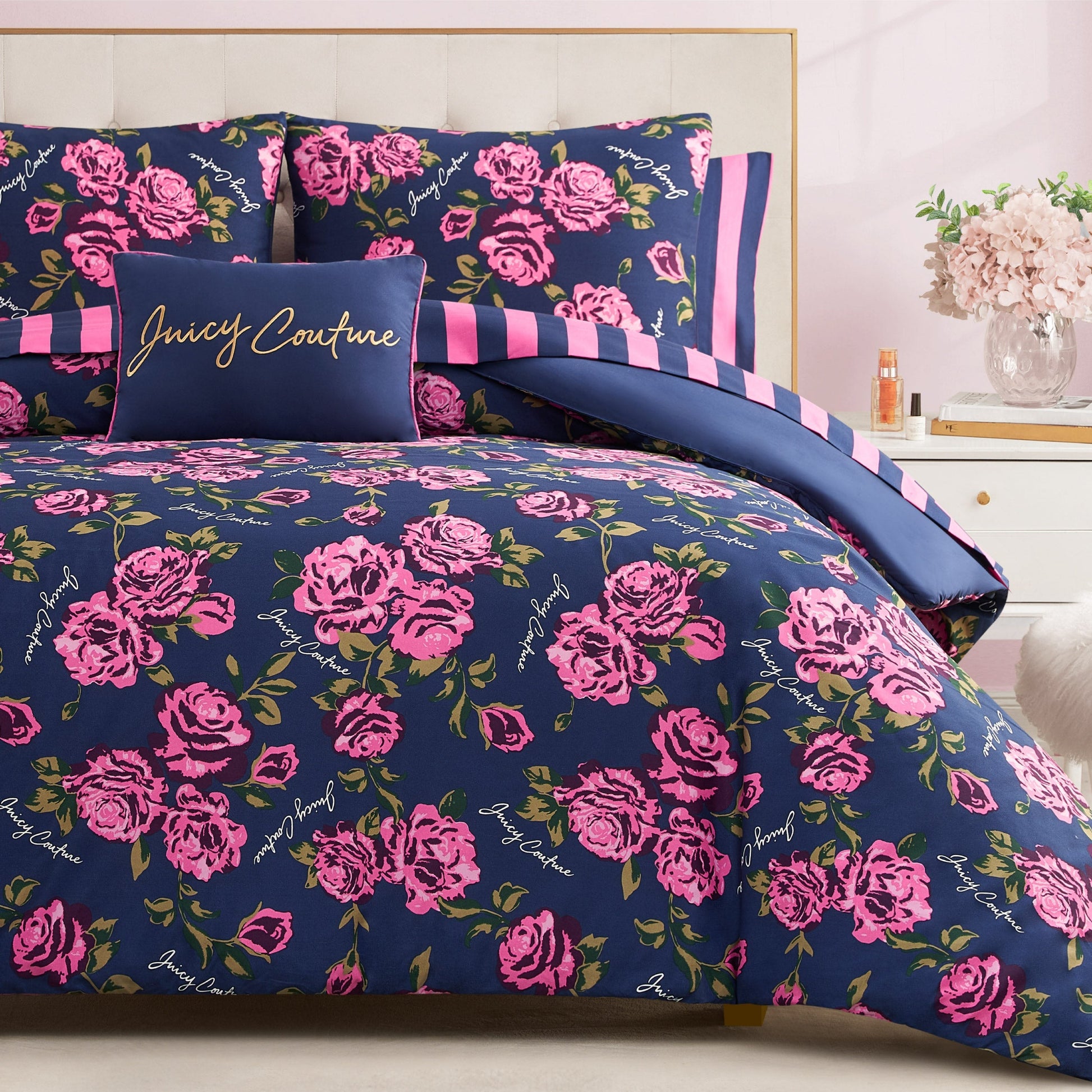Rose Logo Bed in a Bag Bedding Set - Navy/Pink Roses - Juicy Couture