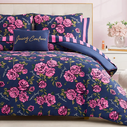 Rose Logo Bed in a Bag Bedding Set - Navy/Pink Roses - Juicy Couture