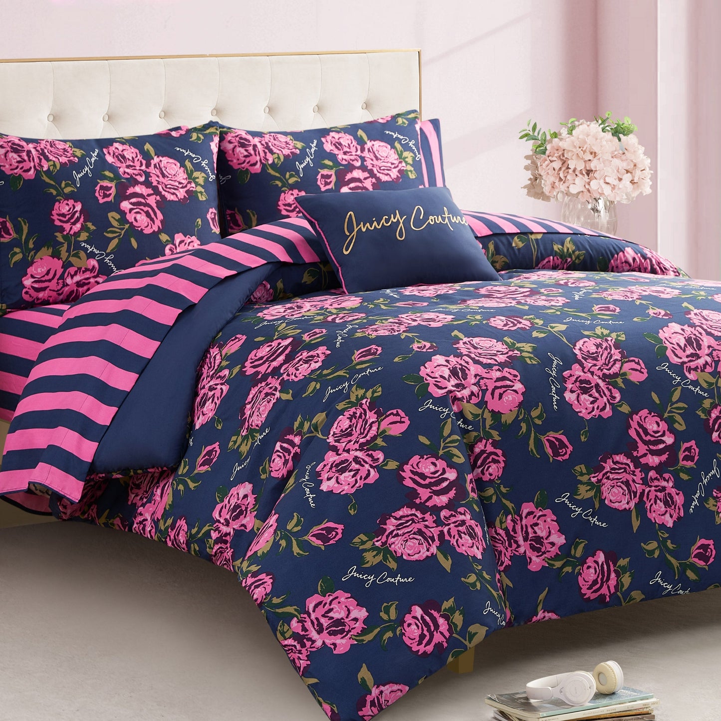 Rose Logo Bed in a Bag Bedding Set - Navy/Pink Roses - Juicy Couture