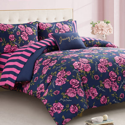 Rose Logo Bed in a Bag Bedding Set - Navy/Pink Roses - Juicy Couture