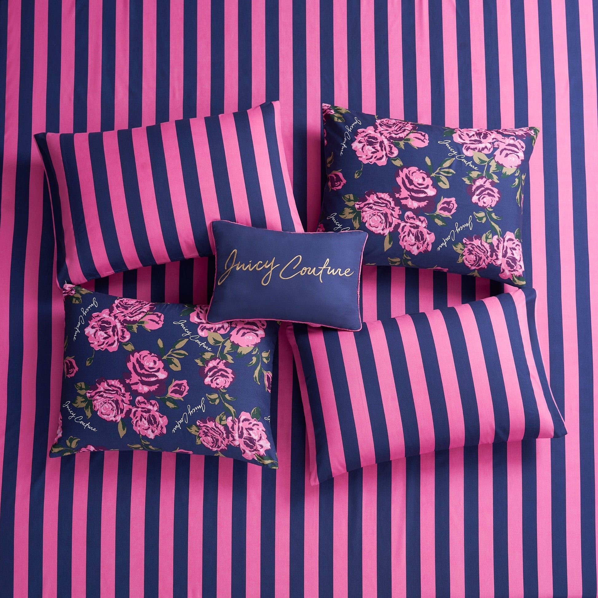Rose Logo Bed in a Bag Bedding Set - Navy/Pink Roses - Juicy Couture