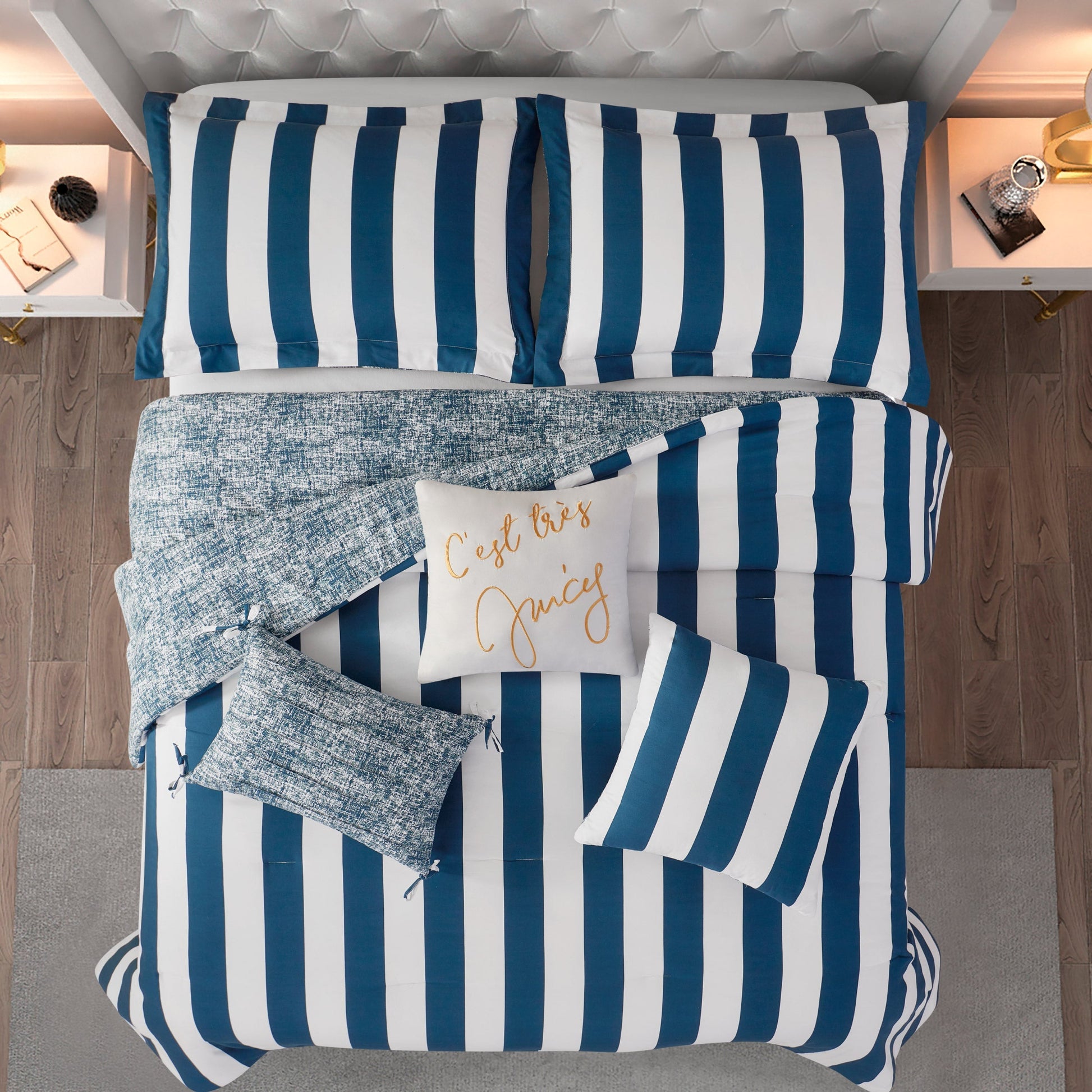 Cabana Striped Reversible Comforter Set - White/Regal Blue - Juicy Couture