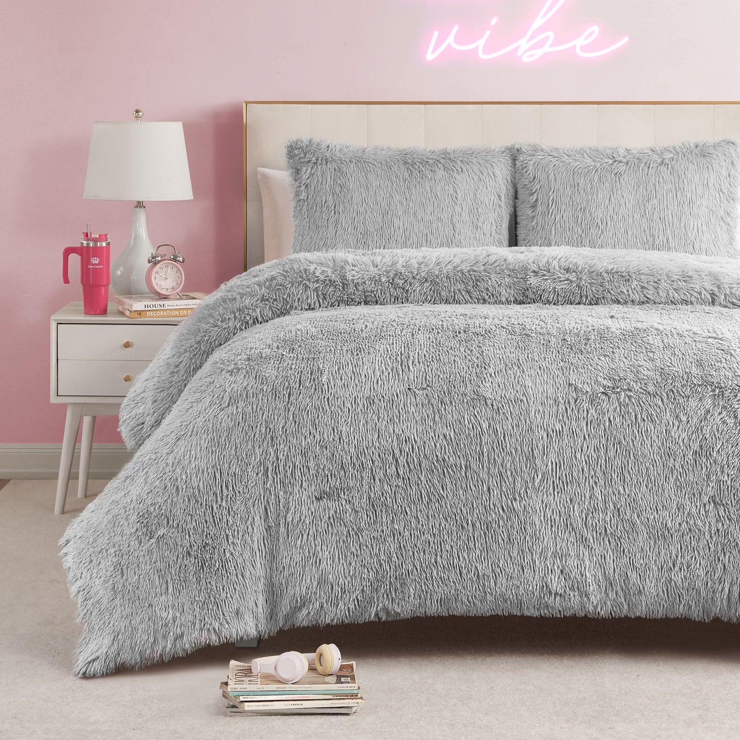 Shaggy Faux Fur Comforter Set - Gray - Juicy Couture