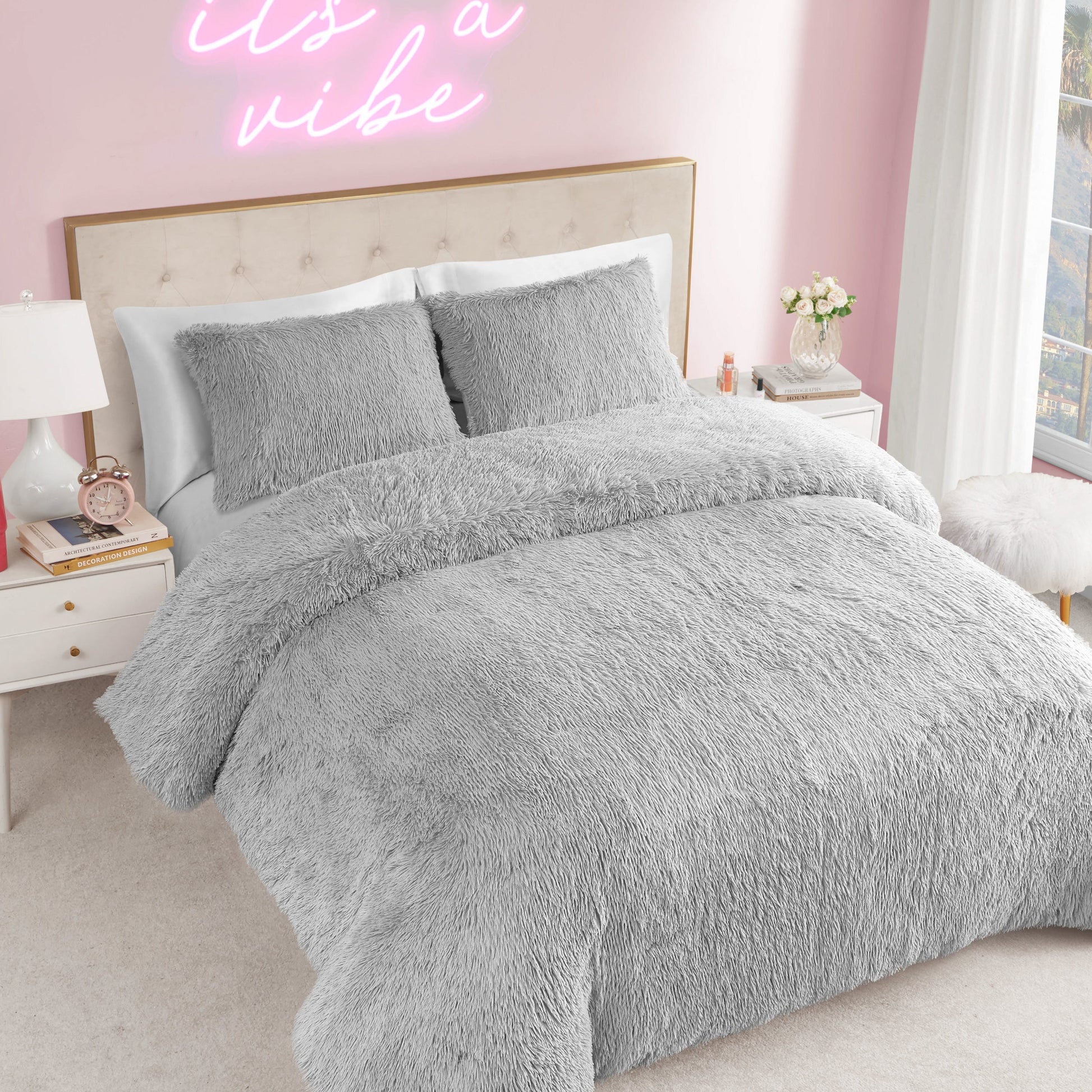 Shaggy Faux Fur Comforter Set - Gray - Juicy Couture