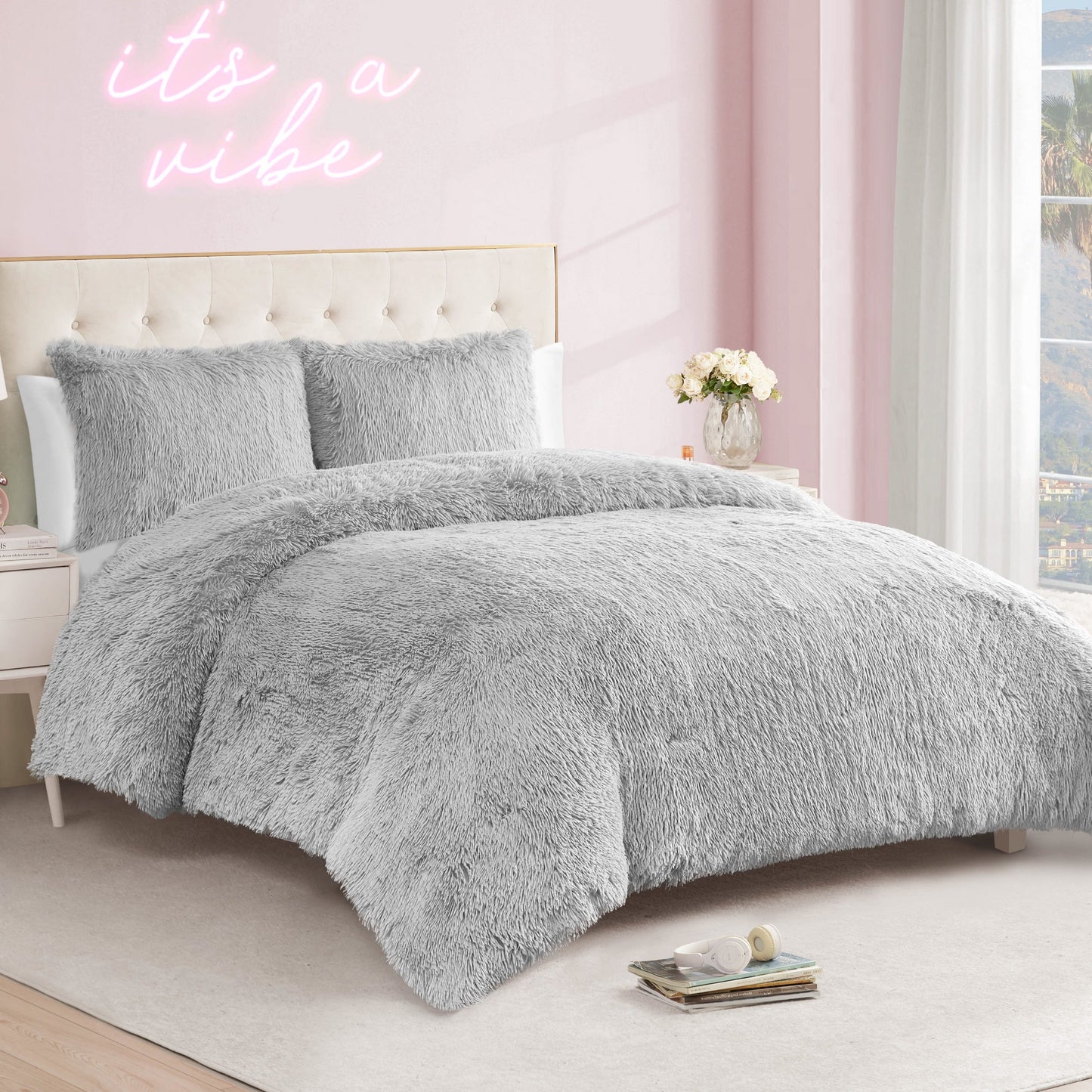 Shaggy Faux Fur Comforter Set - Gray - Juicy Couture