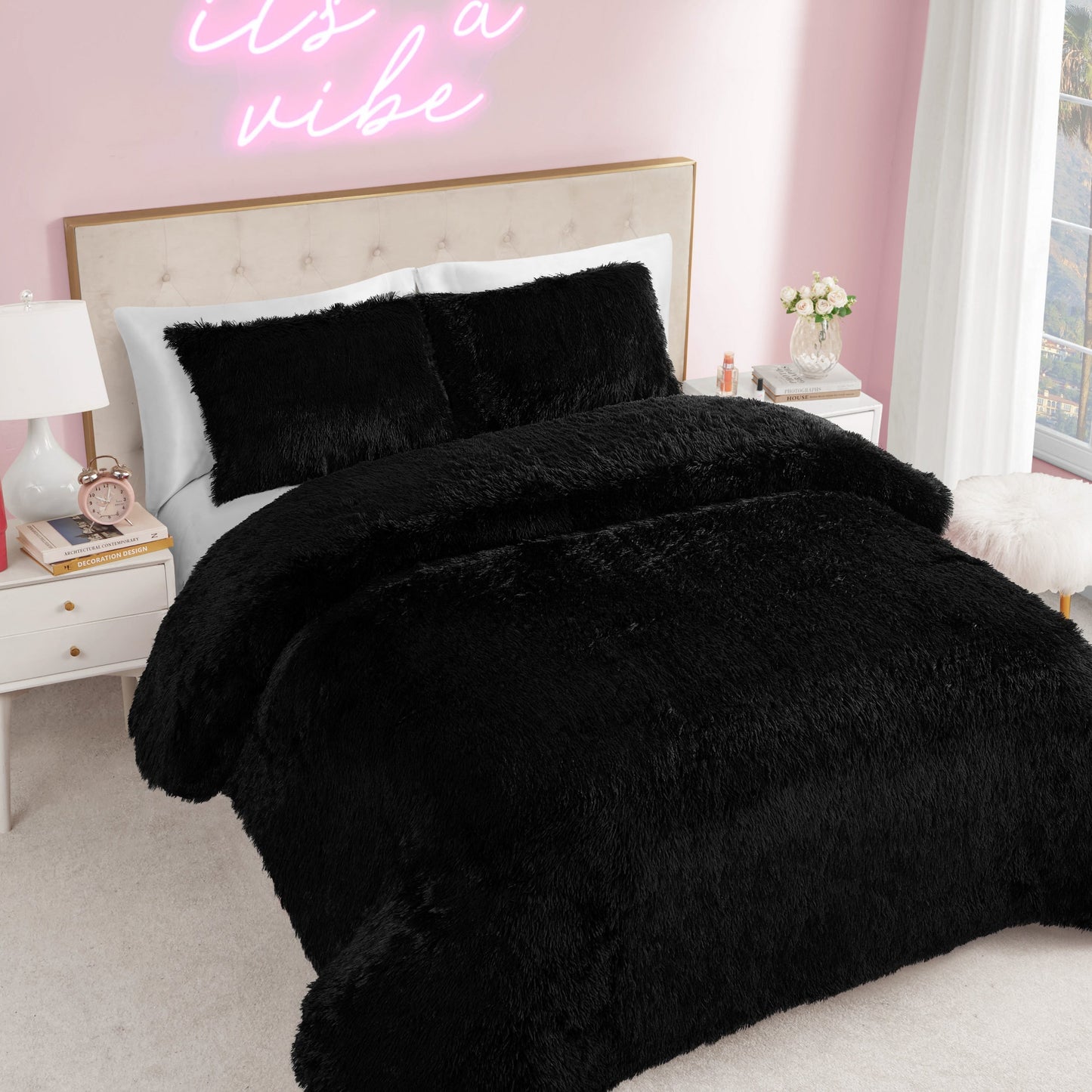 Shaggy Faux Fur Comforter Set - Black - Juicy Couture