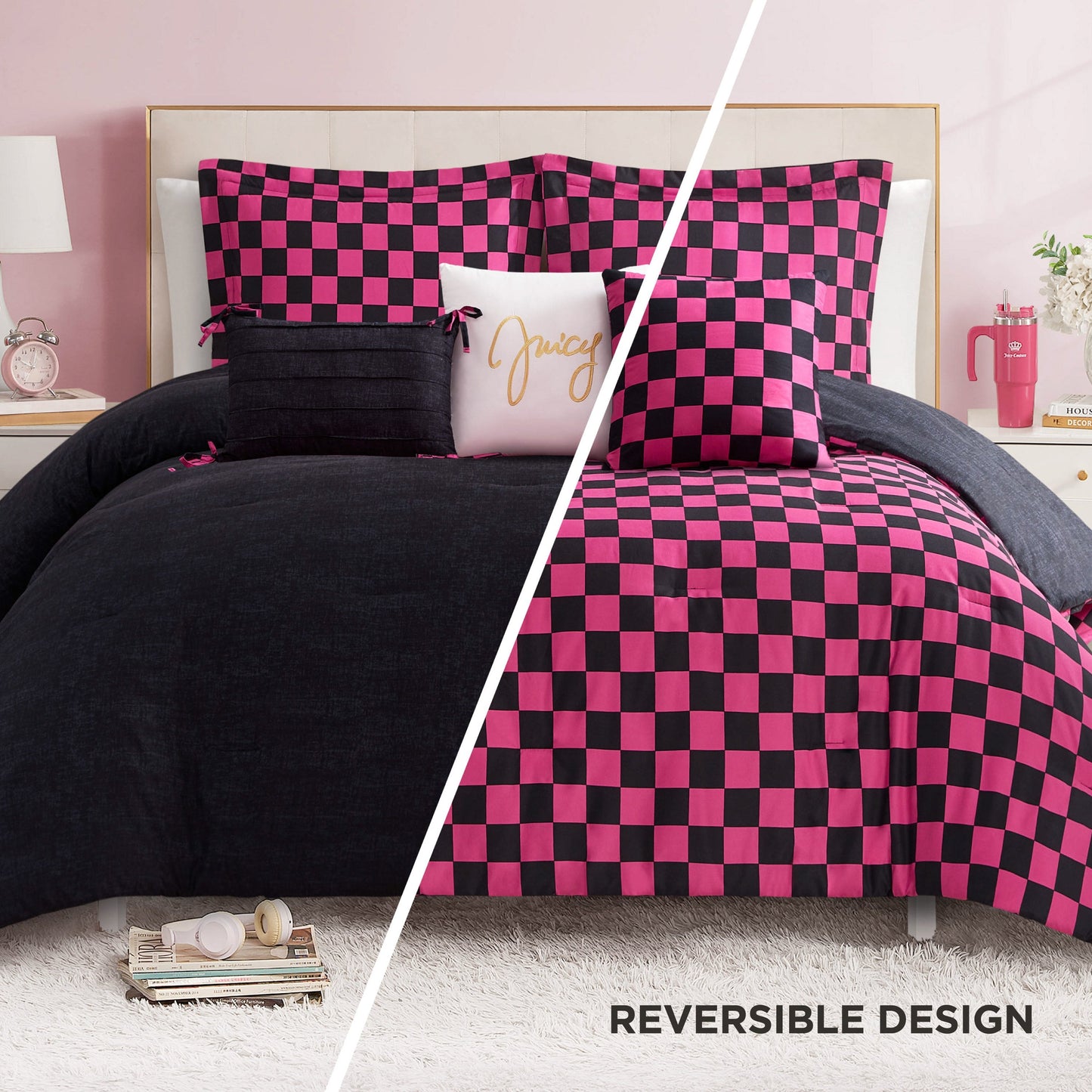 Checkerboard Reversible Comforter Set - Black/Hot Pink - Juicy Couture