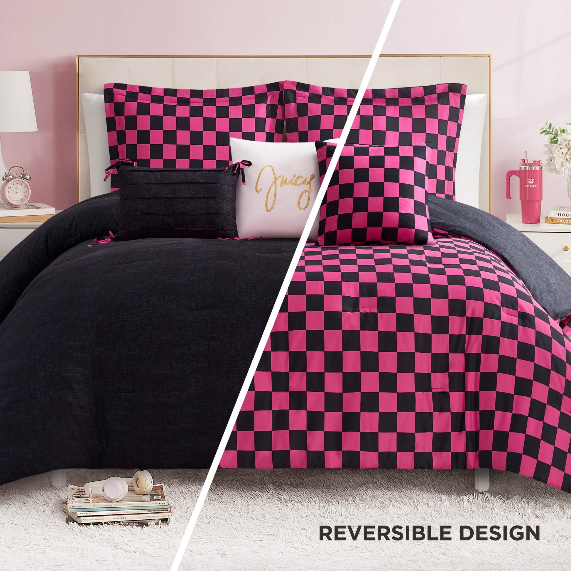 Checkerboard Reversible Comforter Set - Black/Hot Pink - Juicy Couture